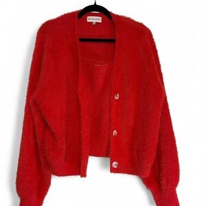 Willow and Wind eyelash fuzzy red cardigan + tank set